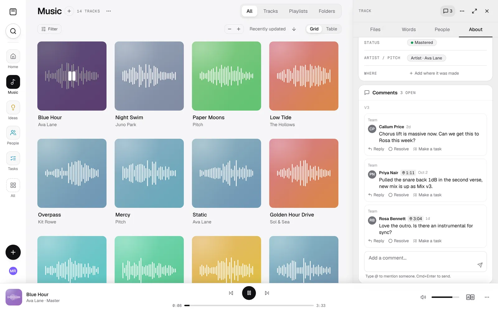 Team comments on a track, some pinned to a moment in it